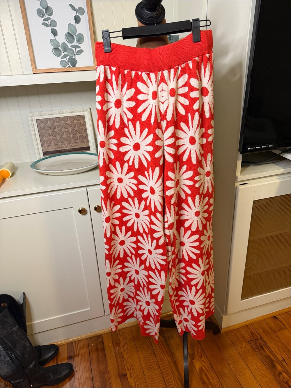 Vintage Red Maxi Skirt with White Daisy Pattern